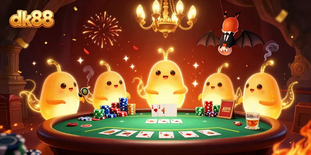 Experience the excitement of dk88 casino with glowing glowworms lighting up a vibrant poker scene.