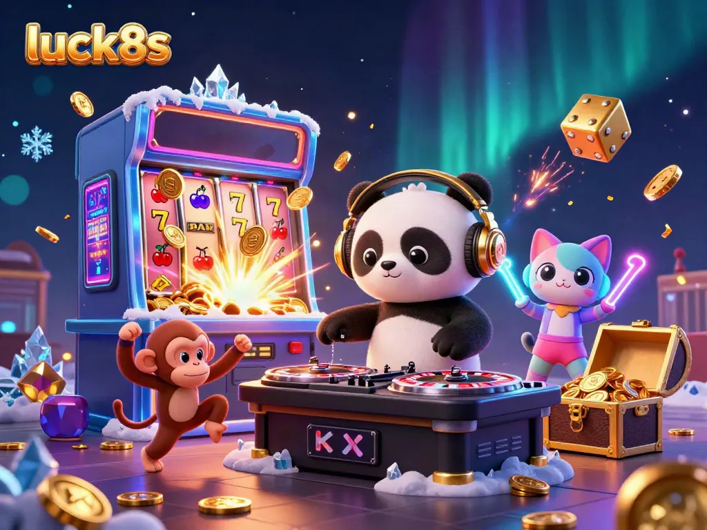 Engage with luck8s in a vibrant 3D scene featuring a DJ panda and casino excitement, celebrating wins.
