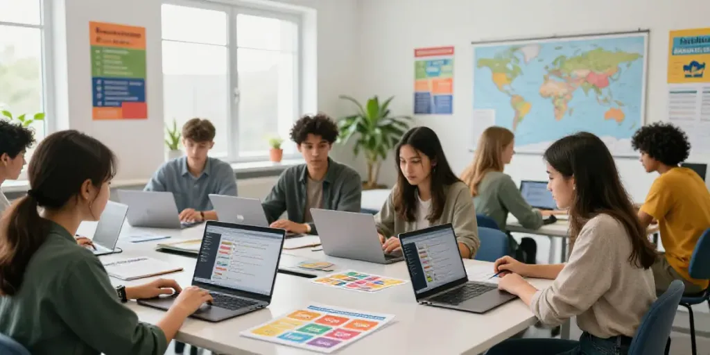 Toto language learning scene with students using laptops and educational materials in a bright classroom.