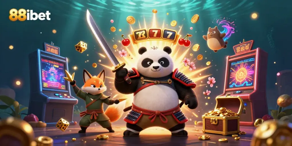 Experience the excitement of 88ibet with a 3D samurai panda and ninja fox in a vibrant casino scene.