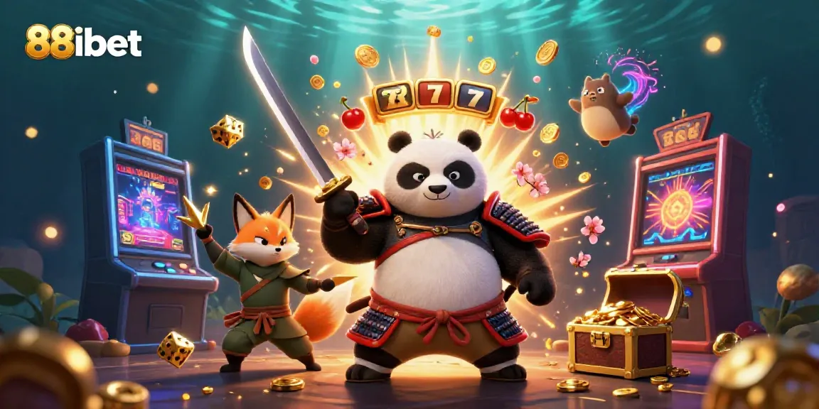 Experience the excitement of 88ibet with a 3D samurai panda and ninja fox in a vibrant casino scene.