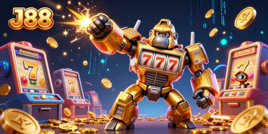 Experience the excitement of J88 with a dynamic 3D illustration showcasing a golden gorilla mech amidst vibrant slot game elements.