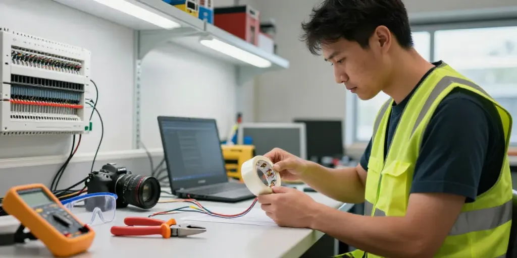 Technician using Situs Super33 electrical tape in a professional-grade workspace.
