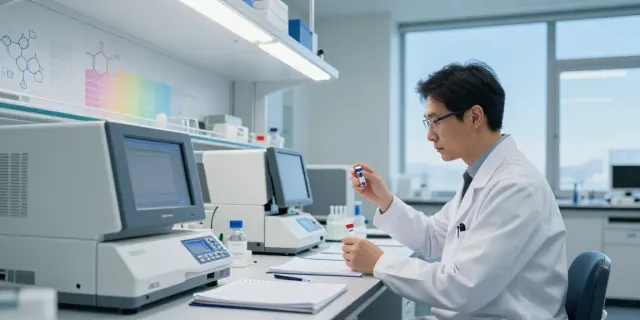 Swiss Chem's researcher analyzing high-quality peptides in a modern lab.