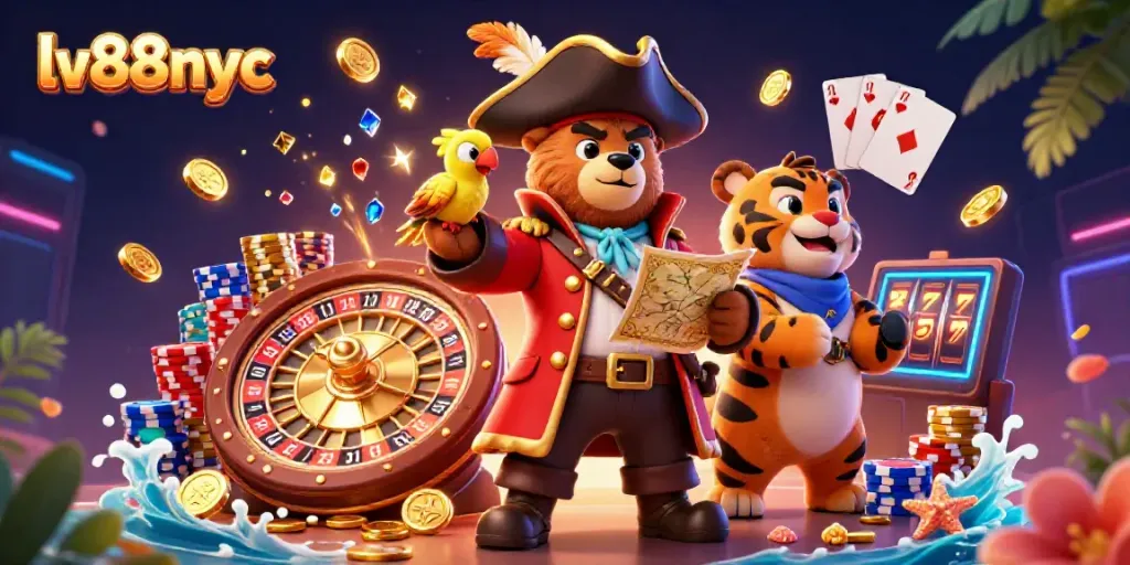 Experience the excitement of lv88nyc with animated casino characters surrounded by gold coins and vibrant game elements.