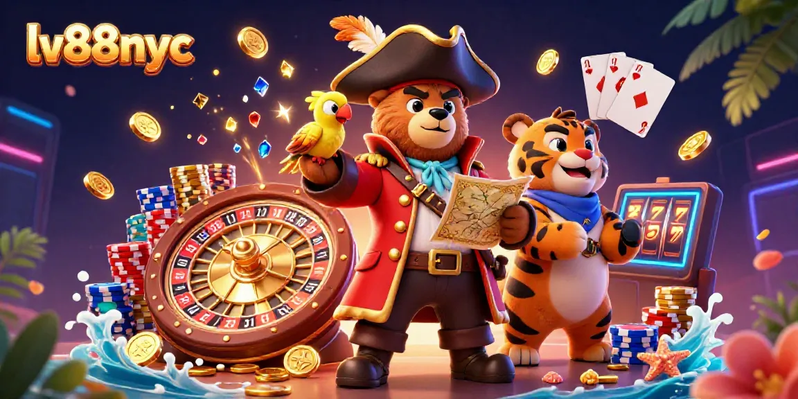 Experience the excitement of lv88nyc with animated casino characters surrounded by gold coins and vibrant game elements.