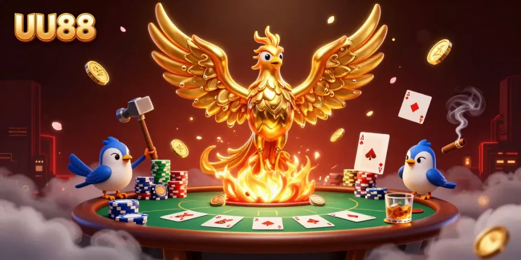 Experience the magic at UU88 with captivating golden phoenixes soaring among poker chips and cards.