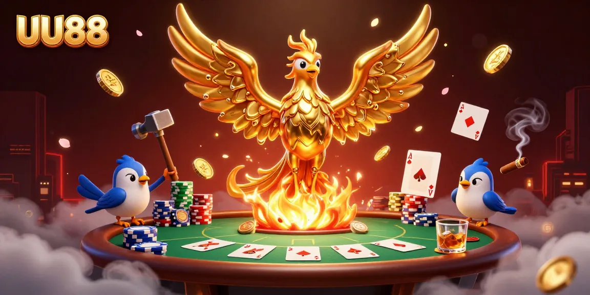 Experience the magic at UU88 with captivating golden phoenixes soaring among poker chips and cards.