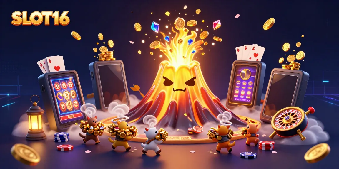 SLOT16 showcases a vibrant casino scene with a golden volcano, treasure-seeking animals, and slot games