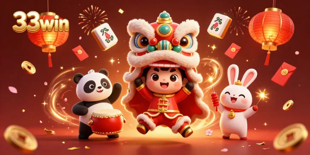 Celebrate with 33win as cute characters perform a lion dance amid colorful casino elements and confetti.