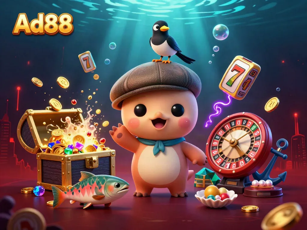 Experience winning at Ad88 with a playful underwater scene featuring a cartoon Nessie, gold treasure, and casino elements.