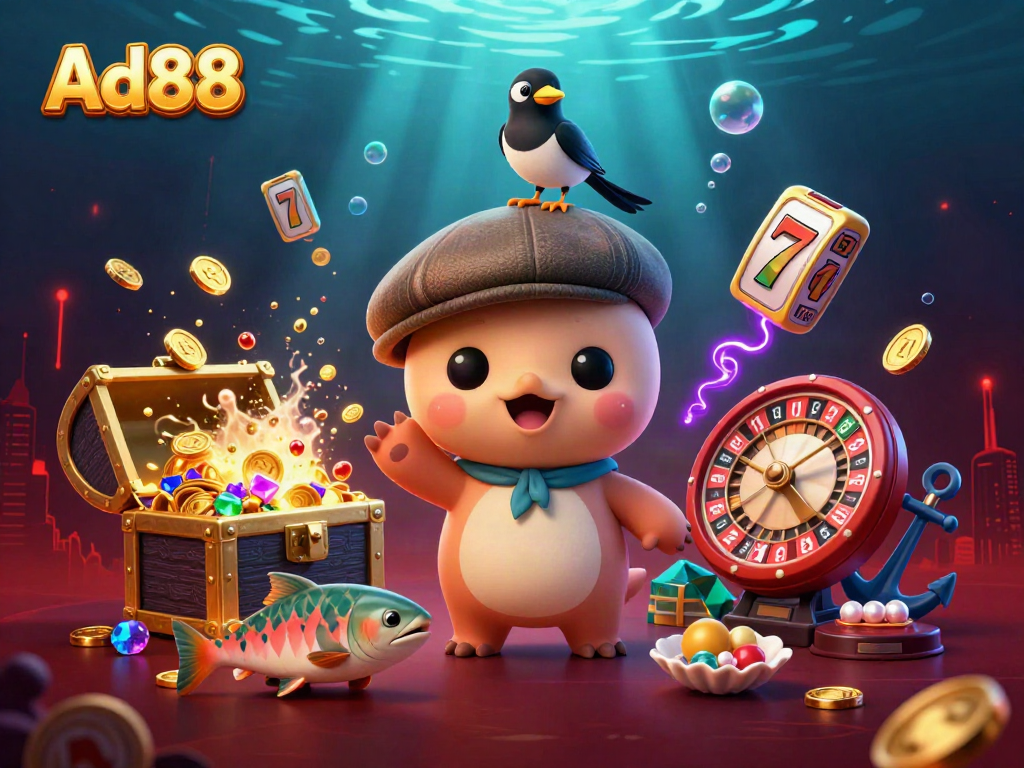 Experience winning at Ad88 with a playful underwater scene featuring a cartoon Nessie, gold treasure, and casino elements.