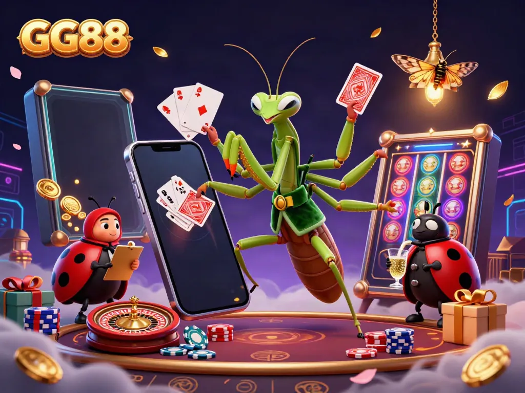 Engage in exciting gaming action at GG88 with vibrant casino characters and dynamic slot visuals.