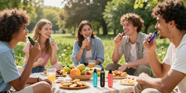 sg lana vape collection showcased at a sunny picnic, highlighting a natural wellness atmosphere with friends enjoying vibrant outdoor settings.