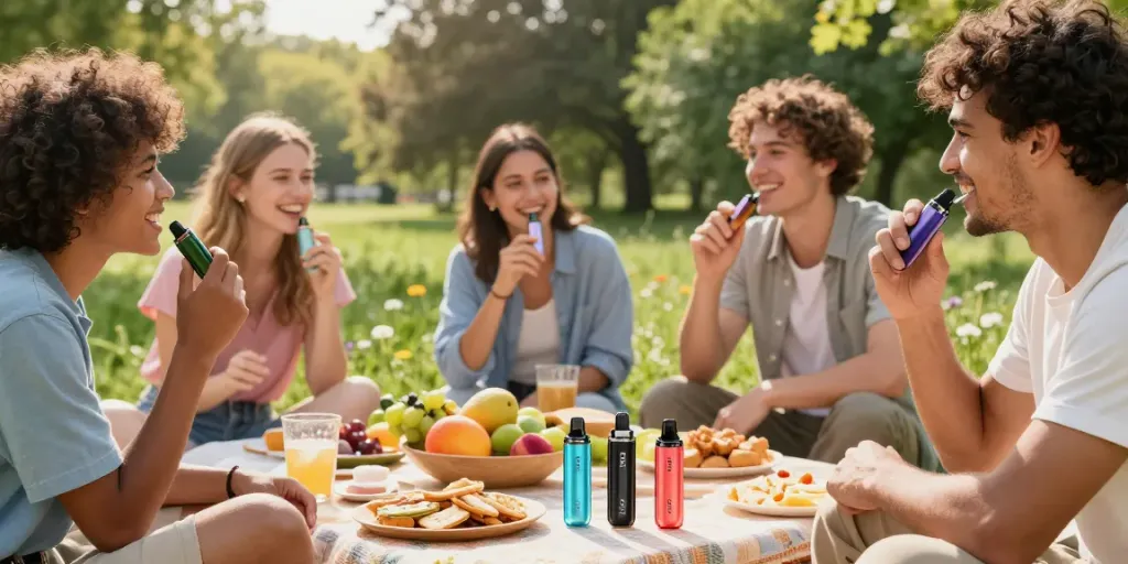 sg lana vape collection showcased at a sunny picnic, highlighting a natural wellness atmosphere with friends enjoying vibrant outdoor settings.