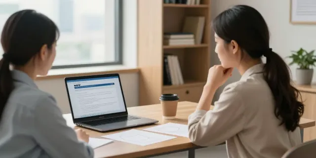 Beratungsszene zur MPU wegen Straftaten in einem einladenden Büro mit Dokumenten und Laptop.