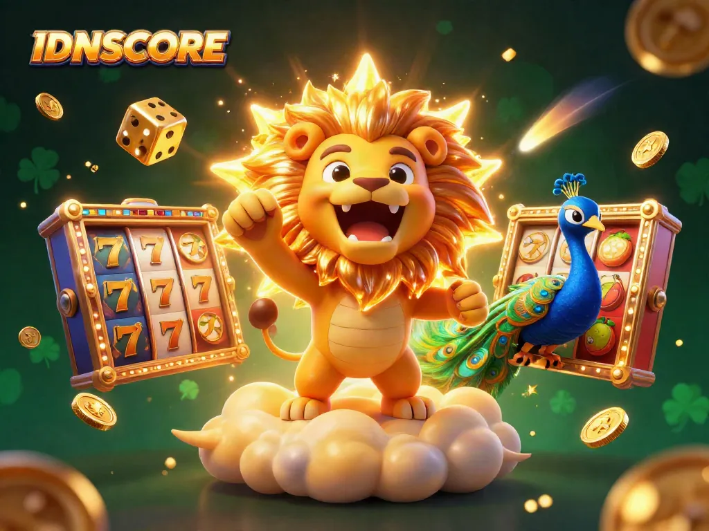 IDNSCORE features captivating slot gameplay with a triumphant sun lion amid dynamic gaming elements.