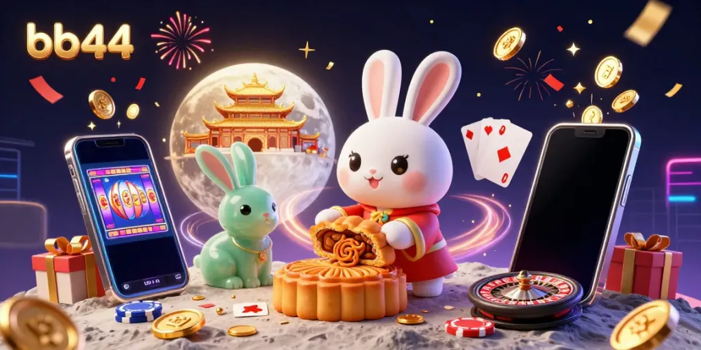 bb44 showcases a whimsical lunar casino scene with a moon rabbit revealing poker chips from mooncakes.