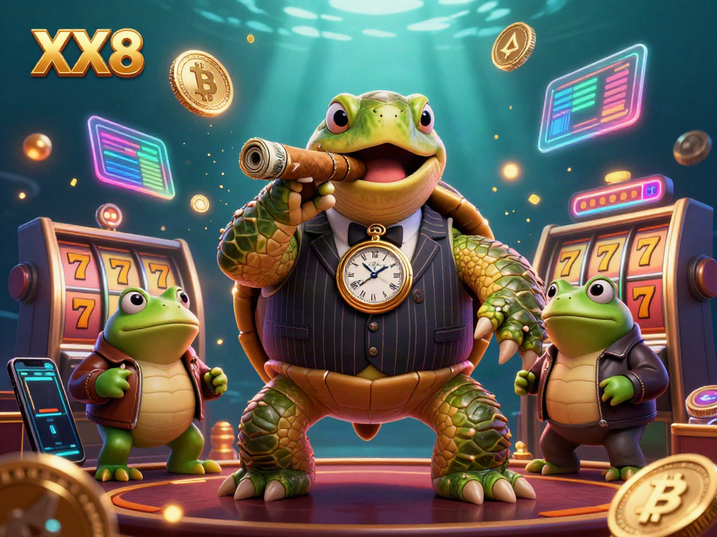 Experience the thrilling XX8 casino vibe with vibrant characters, slot machines, and glowing crypto elements.