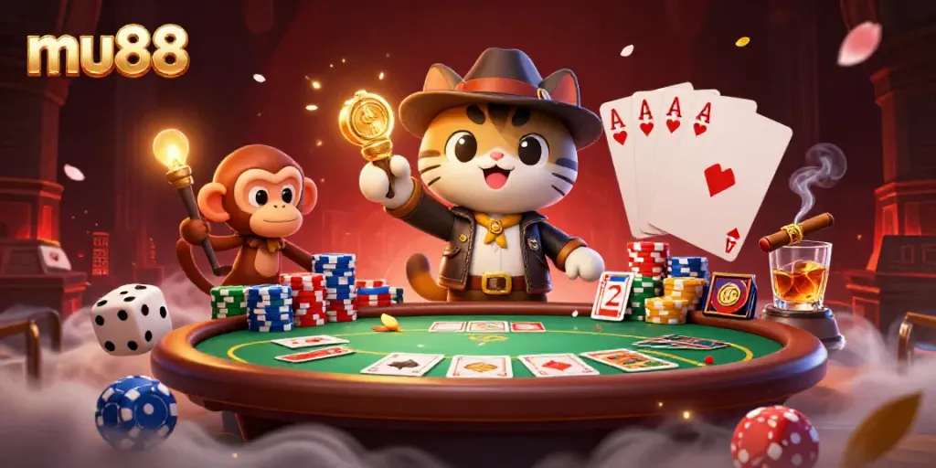 Engage in thrilling gameplay at mu88, where a cat explores a temple for golden casino treasures.
