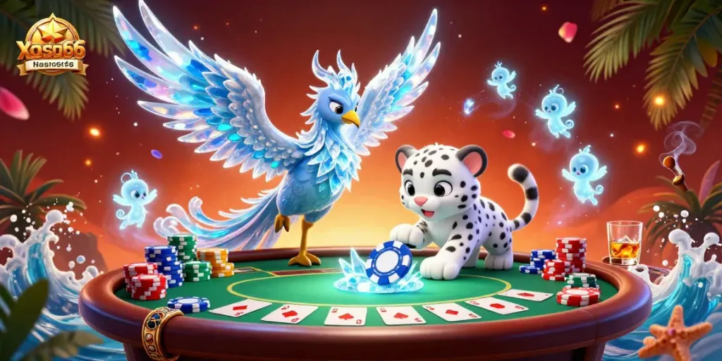 Engage with xoso66 in a dazzling 3D scene featuring a mystical phoenix, animated sprites, and poker elements.