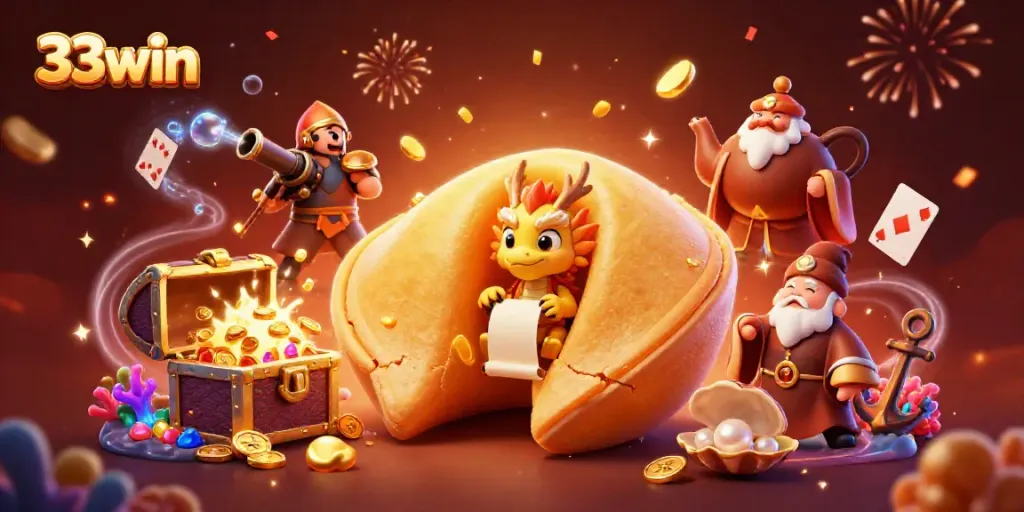 Experience 33win's thrilling atmosphere with a fortune cookie and dragon surrounded by gold.