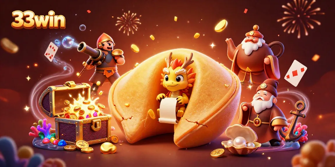 Experience 33win's thrilling atmosphere with a fortune cookie and dragon surrounded by gold.