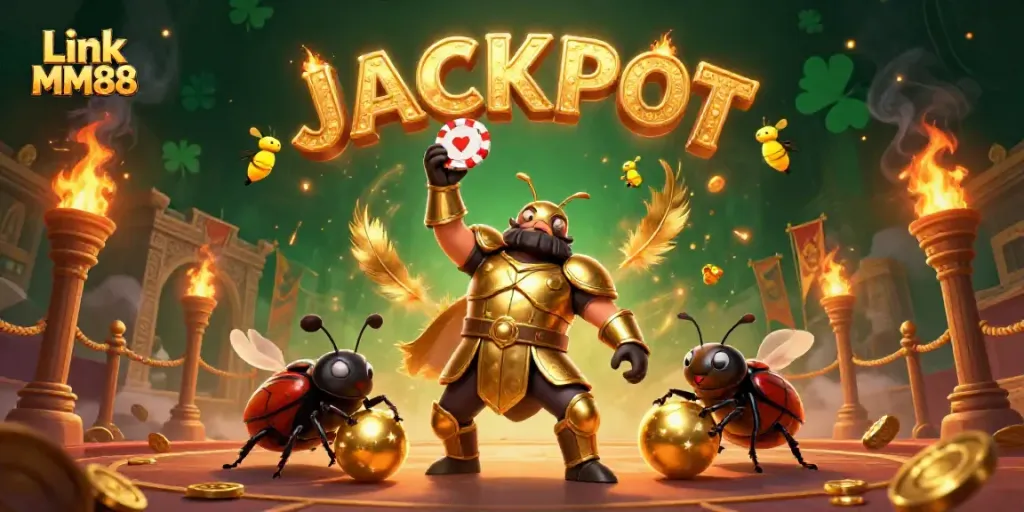 Win big with Link MM88 as a cartoon beetle celebrates a poker victory in an electrifying casino scene.