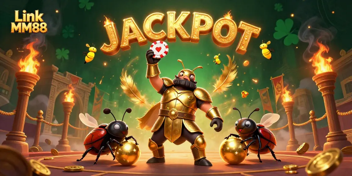Win big with Link MM88 as a cartoon beetle celebrates a poker victory in an electrifying casino scene.