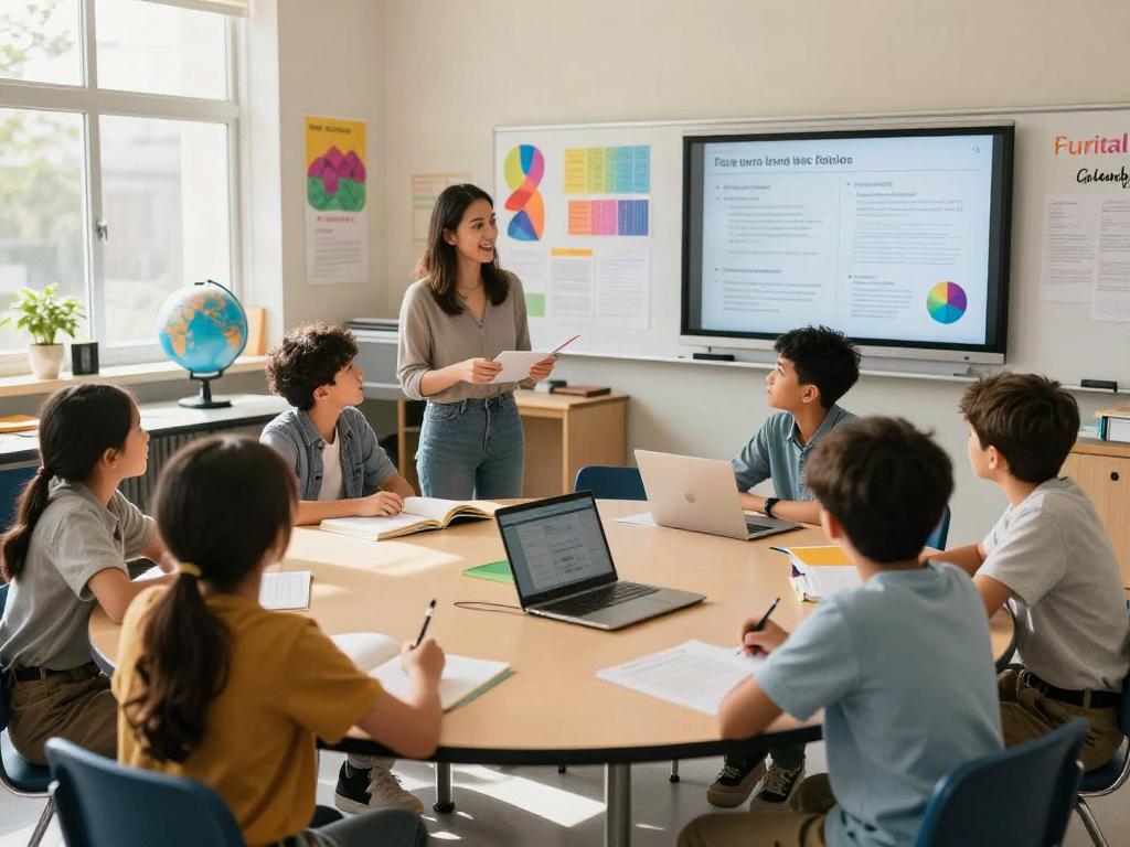 Classroom activity showcasing special info with engaged students and teacher in vibrant learning environment.