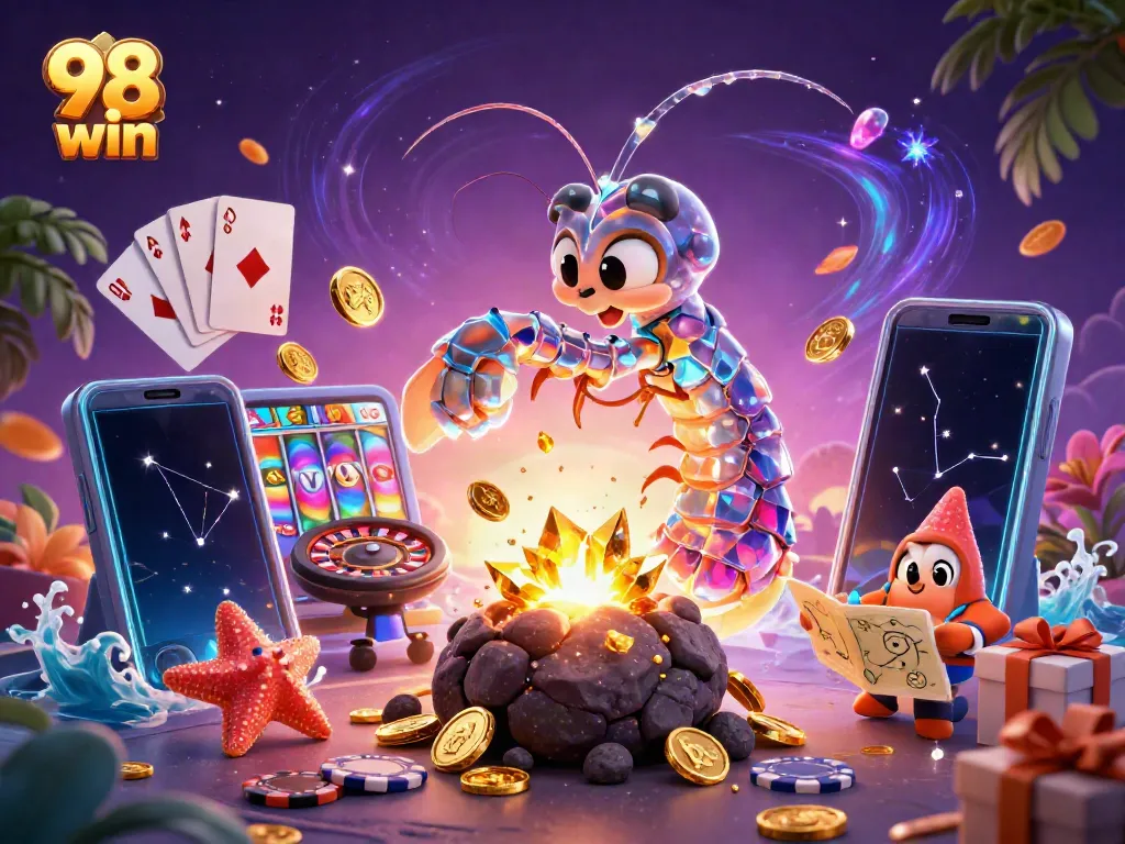 Engage in exciting gameplay at 98 win with colorful slots and golden coins exploding around a galactic character.