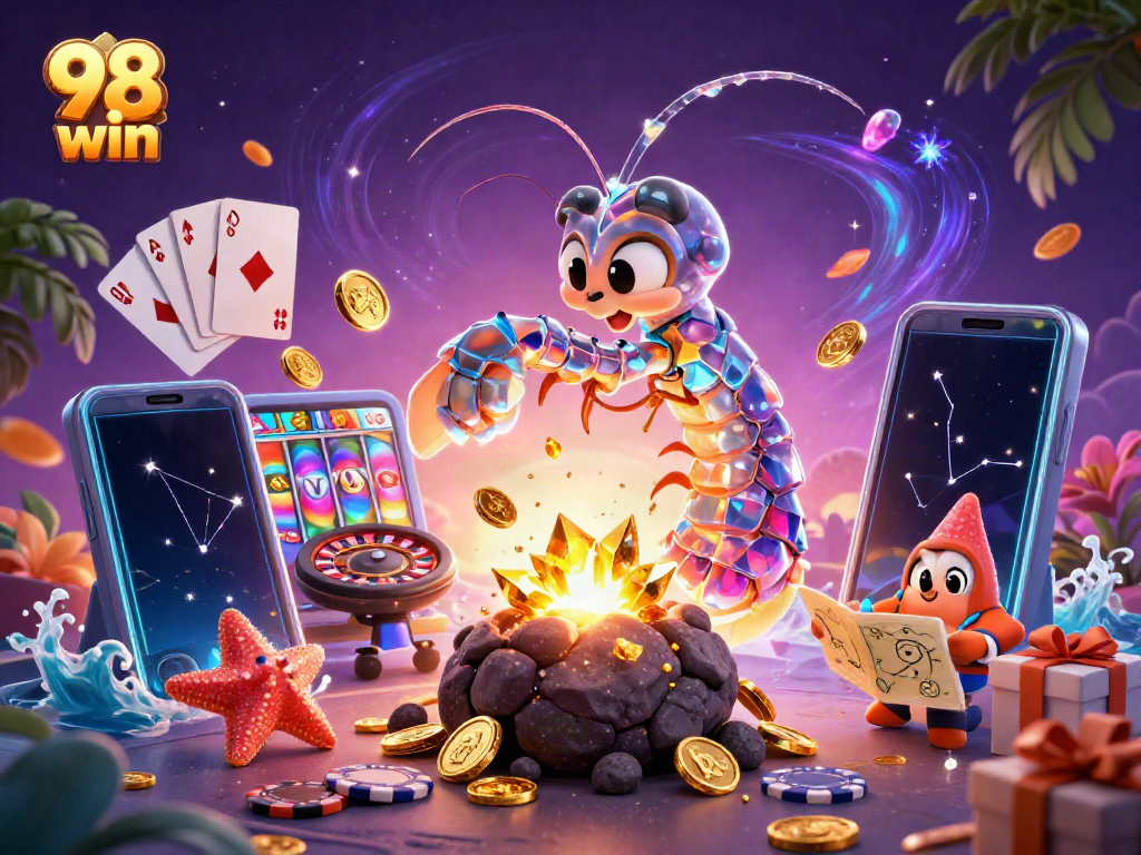 Engage in exciting gameplay at 98 win with colorful slots and golden coins exploding around a galactic character.