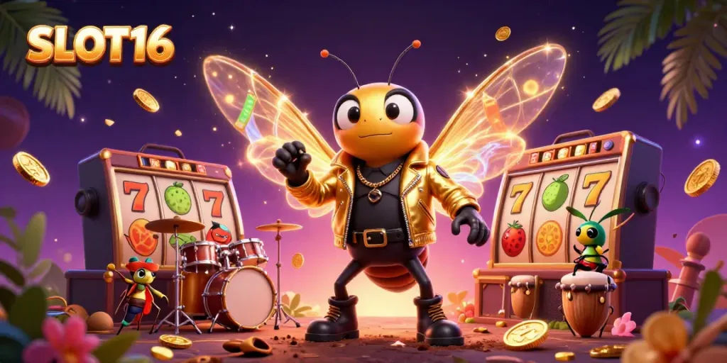 SLOT16 themed casino illustration showing a cicada rock star amid vibrant slot reels and golden coins.