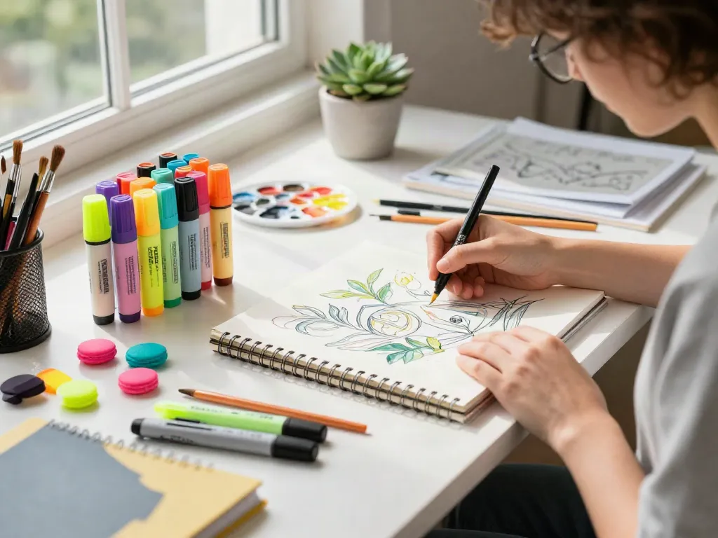The workspace of a highlighter manufacturer with vibrant colorful highlighters and a student illustrating in a creative setting.
