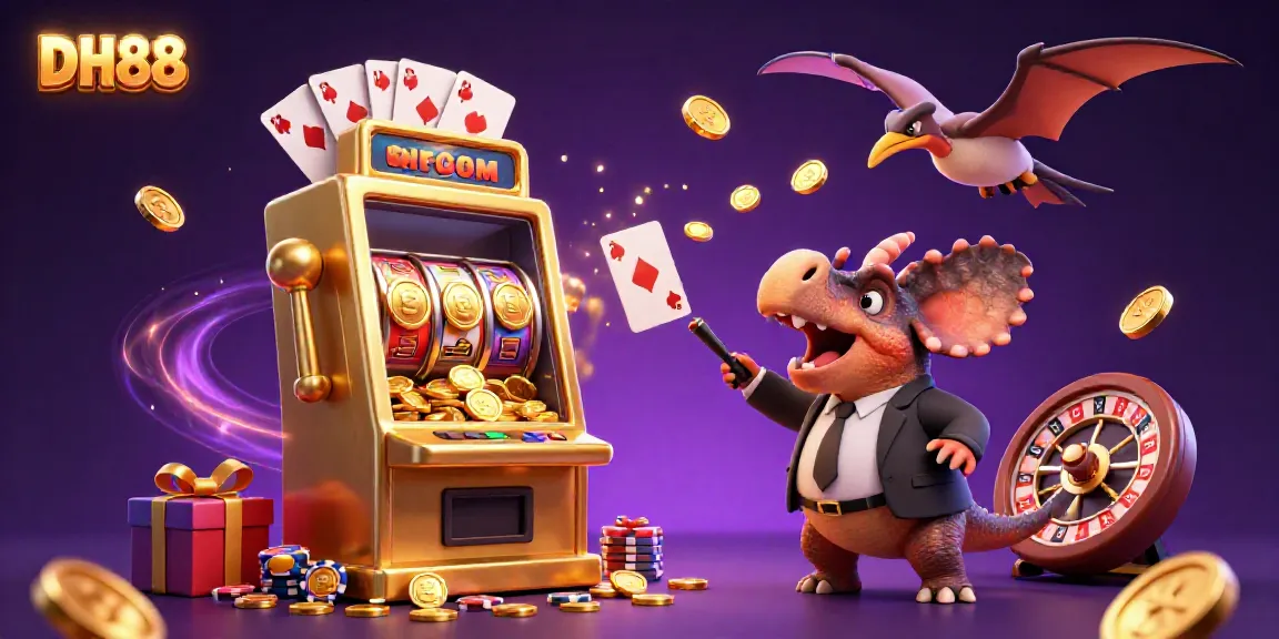 DH88 casino illustration with a pachycephalosaurus triggering jackpot coins at a slot machine, amid festive casino elements.