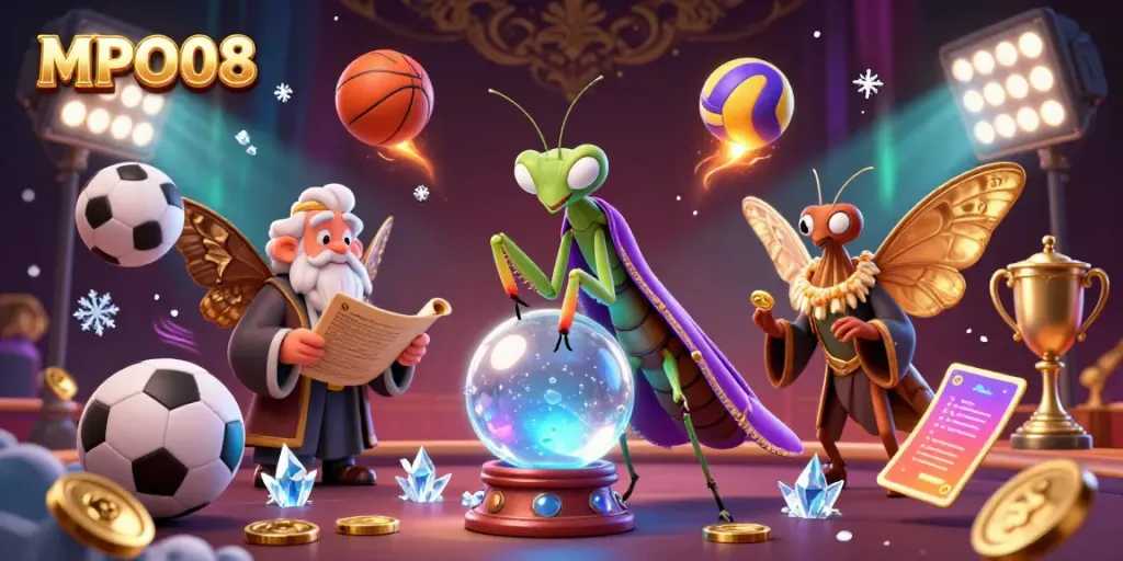 Experience the vibrant MPO08 casino world with a mystical fortune teller and wise moth librarian surrounded by dynamic sports elements.