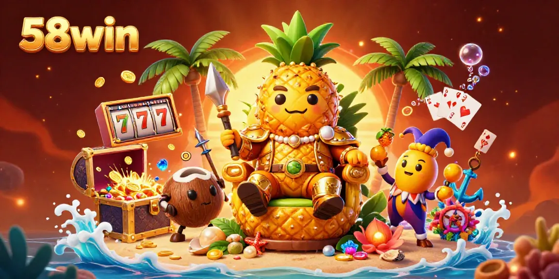 Engage with 58win at a vibrant beach casino with a golden pineapple king and dynamic game elements.
