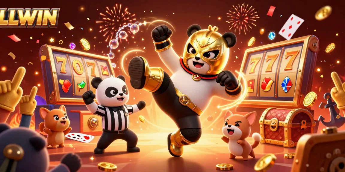 LLWIN casino illustration showing a panda wrestler kicking with spectators, slots, and festive elements