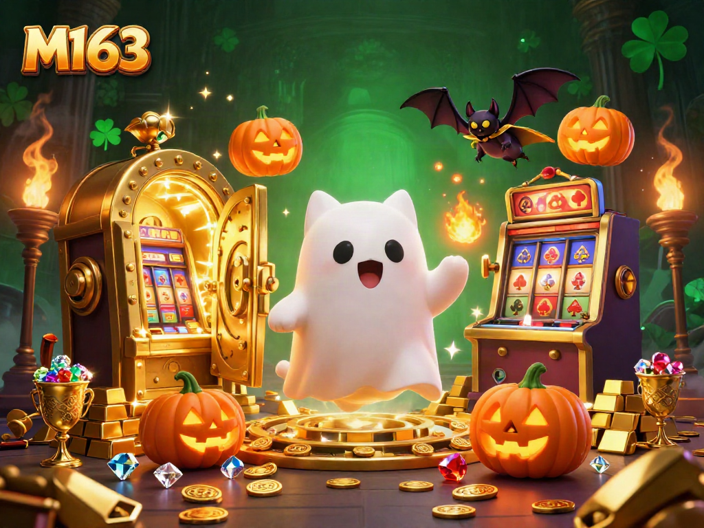 Engage with M163 through a vivid casino scene featuring a ghost cat and glowing treasures.