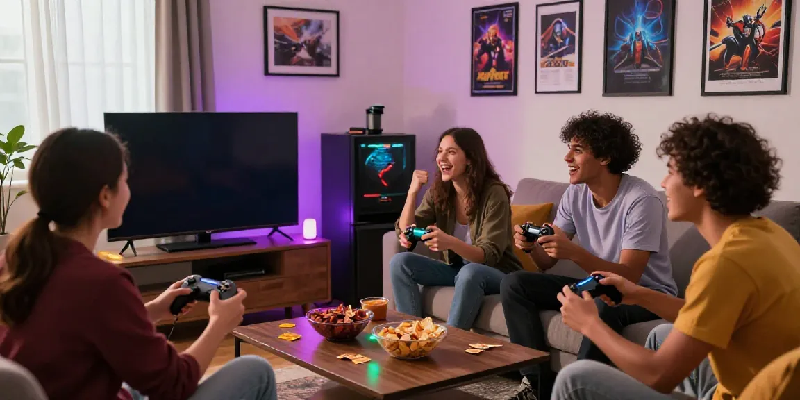 Situs Super33 gaming night with friends in a modern living room filled with excitement