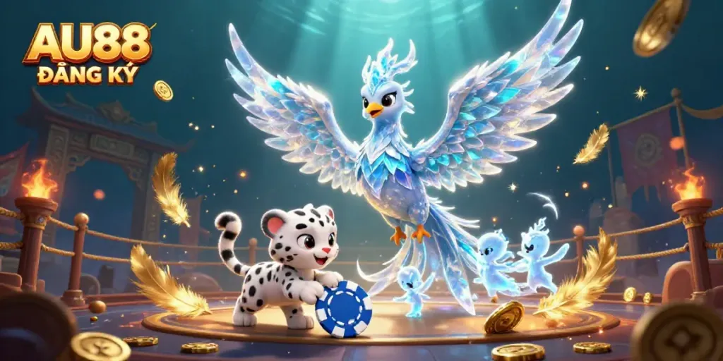 Join the excitement at AU88 ĐĂNG KÝ with this vibrant casino-themed 3D illustration showcasing a phoenix and friends.