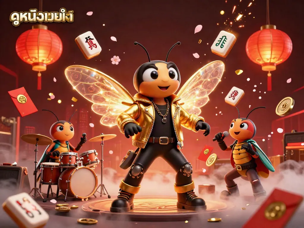 Experience ดูหนังออนไลน์ with a vibrant scene of a cicada rock star and beetle drummer amidst casino-themed elements, showcasing dynamic energy and entertainment.