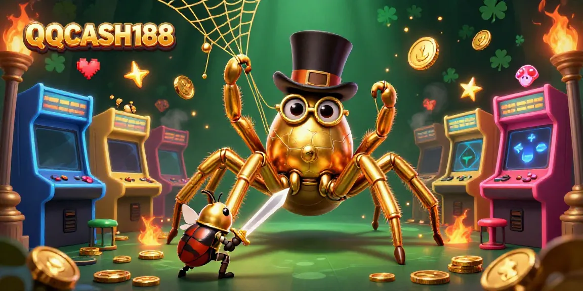 Engaging scene of QQCASH188 featuring a golden tarantula weaving a casino web with game elements.