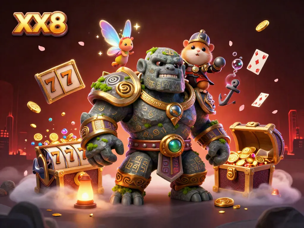 Engage with XX8's exciting online casino experience featuring vibrant 3D characters and sparkling jackpot elements.