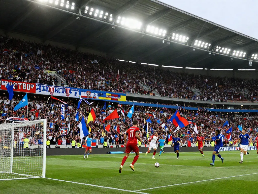 Exciting football match scene capturing the spirit of TOP10ตำนานนักเตะ with fans cheering and players in action.