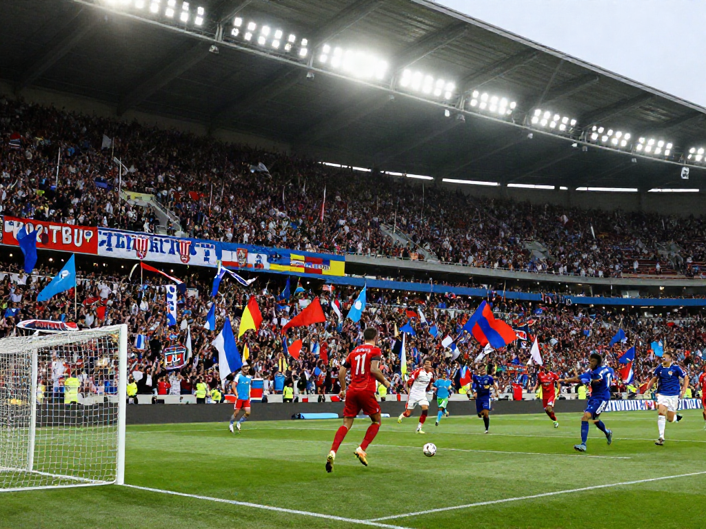 Exciting football match scene capturing the spirit of TOP10ตำนานนักเตะ with fans cheering and players in action.