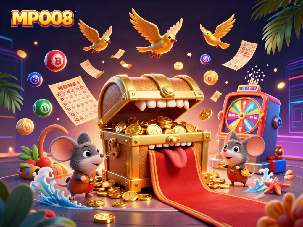 Experience MPO08 excitement with a vibrant 3D casino-themed illustration filled with dynamic lottery elements.