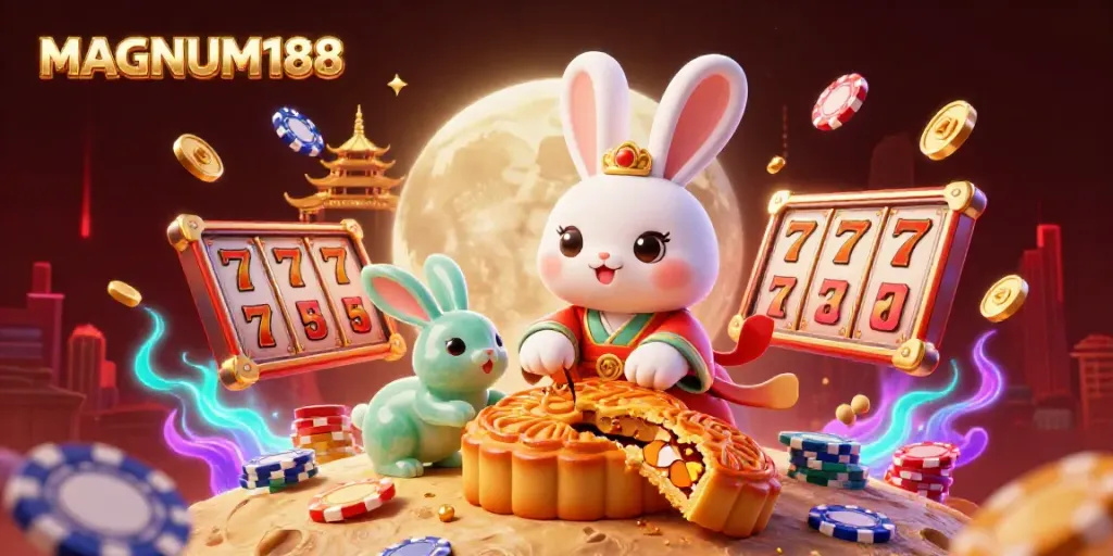 Experience MAGNUM188 with a vibrant lunar casino atmosphere featuring playful characters, poker chips, and slot game excitement.