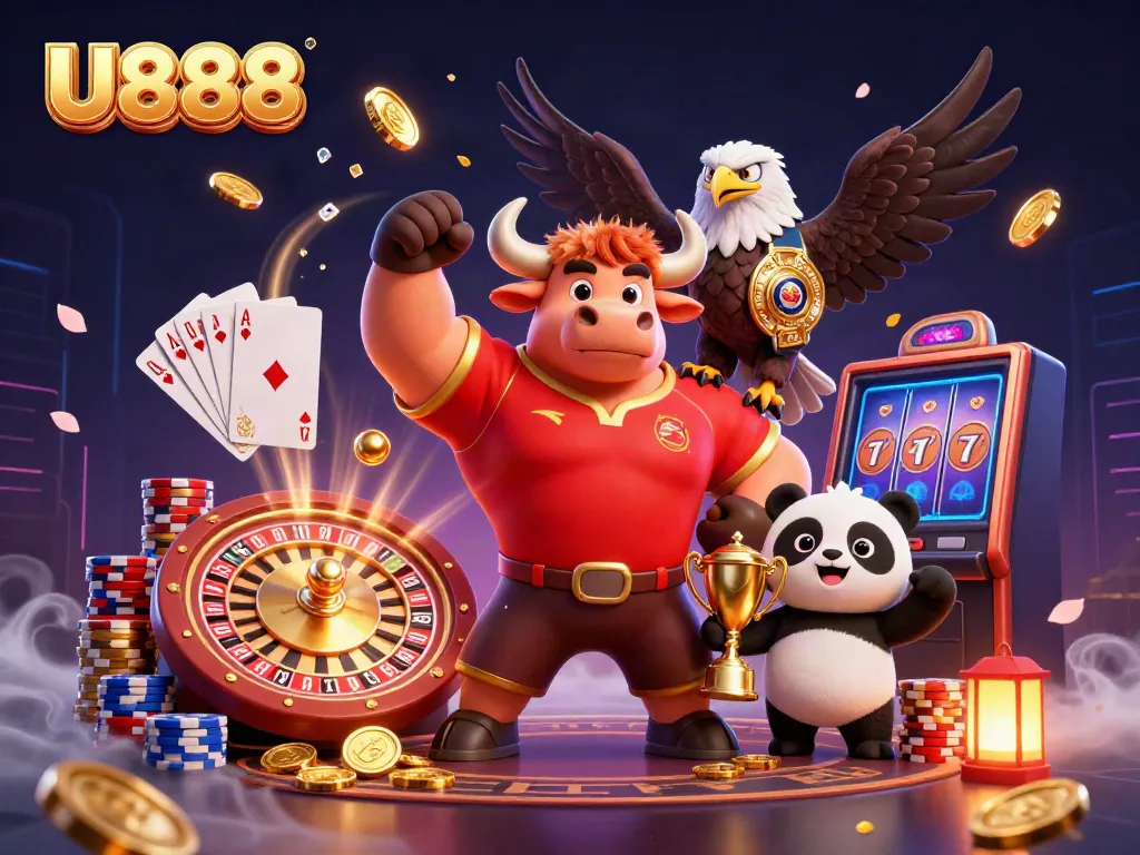Engage in thrilling games at U888 with a vibrant scene of characters celebrating victories amidst flying coins and casino elements.
