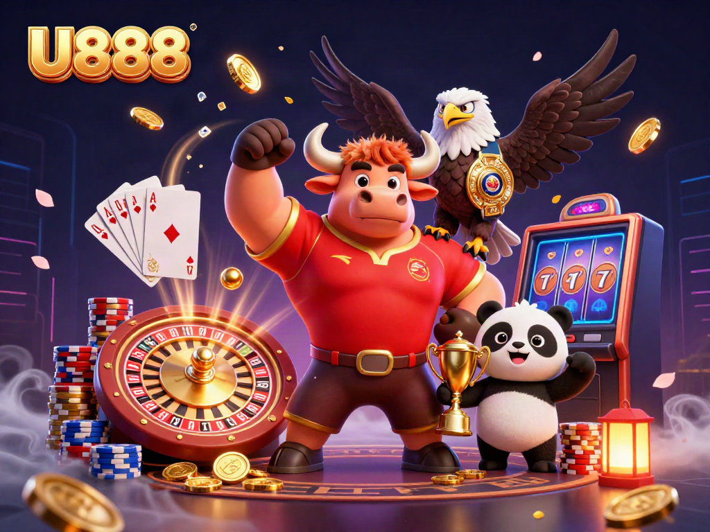 Engage in thrilling games at U888 with a vibrant scene of characters celebrating victories amidst flying coins and casino elements.